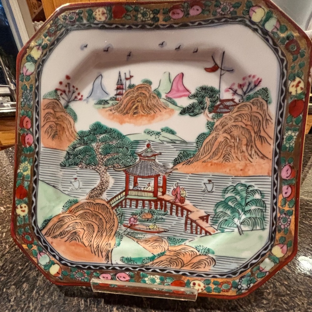 Asian Hand Painted Square Plate marked Zhilon